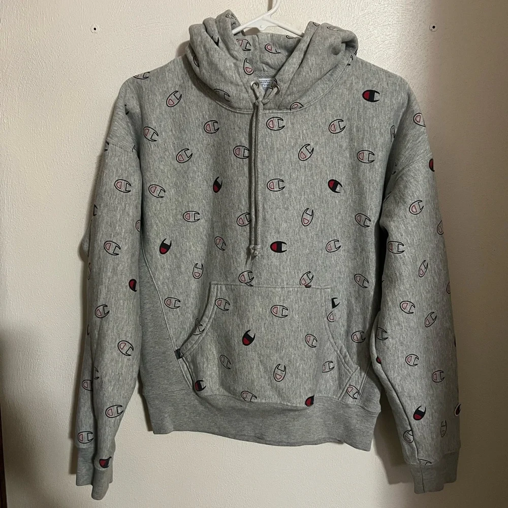 CHAMPION Classic Reverse Weave Logo Print Hoodie Grey Red Blue Boy's Size Medium